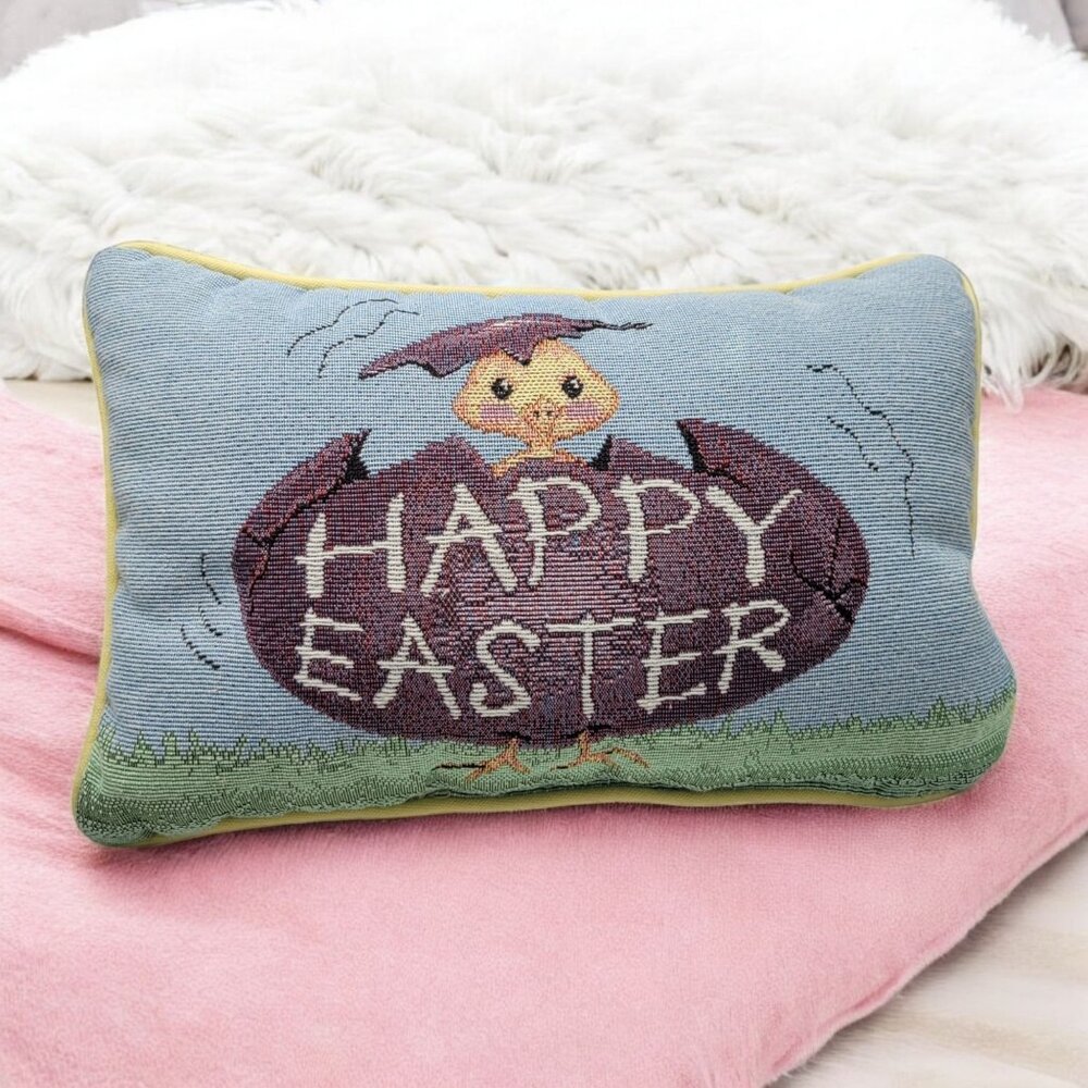 Vintage Happy Easter Chick Decorative Tapestry Throw Pillow Yellow